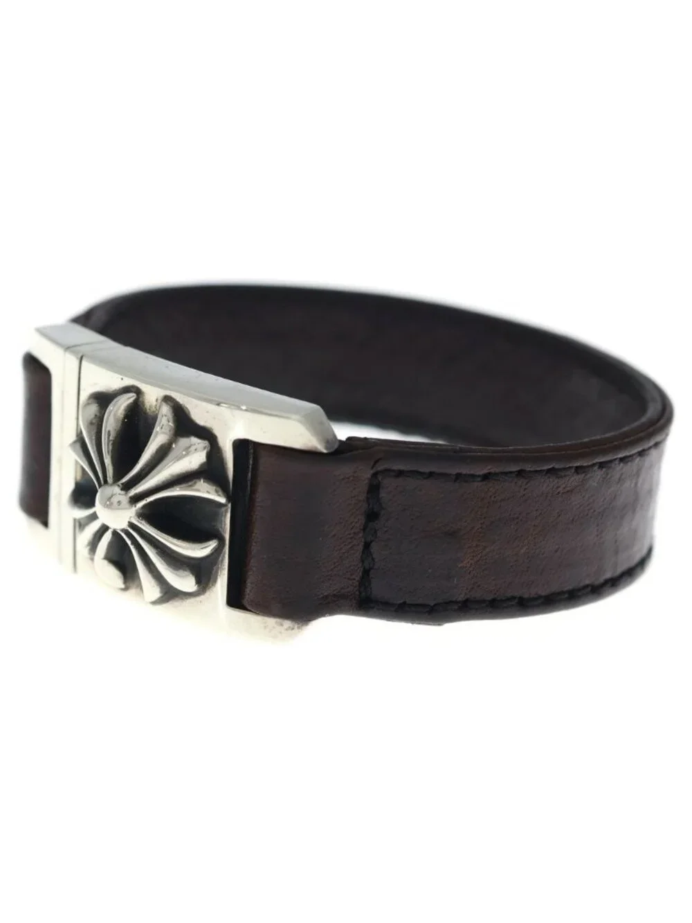 Chrome Hearts Harness Cross Box Leather Bracelet Silver Brown